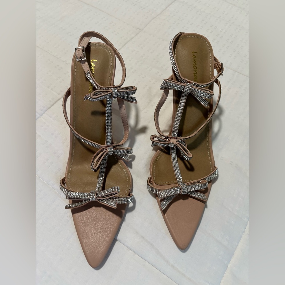 Lemonade Tan Heels with Silver Bow Accents